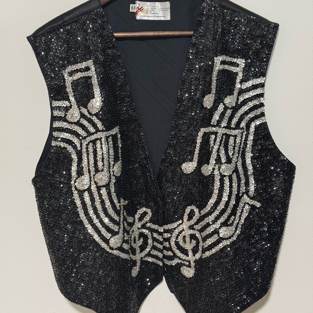 Vintage Beaded Sequin Music Note Vest – Handmade – XXL